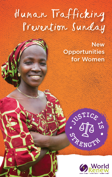 African woman smiling with her arms crossed under text saying "Human Trafficking Prevention Sunday: New Opportunities for Women"