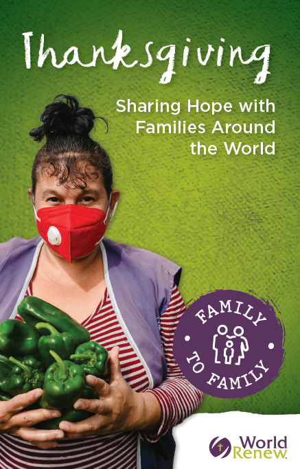 Honduran woman wearing a red face mask and holding green peppers under text saying "Thanksgiving: Sharing Hope with Families Around the World"