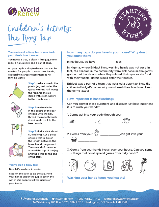 Infographic of instructions for a Children's Activity to make a homemade "Tippy Tap"