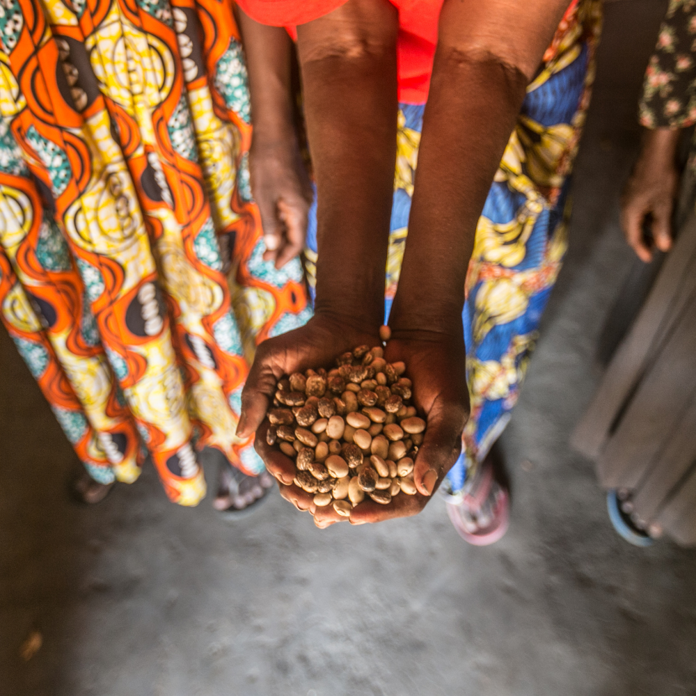 A woman holds seeds in her hands