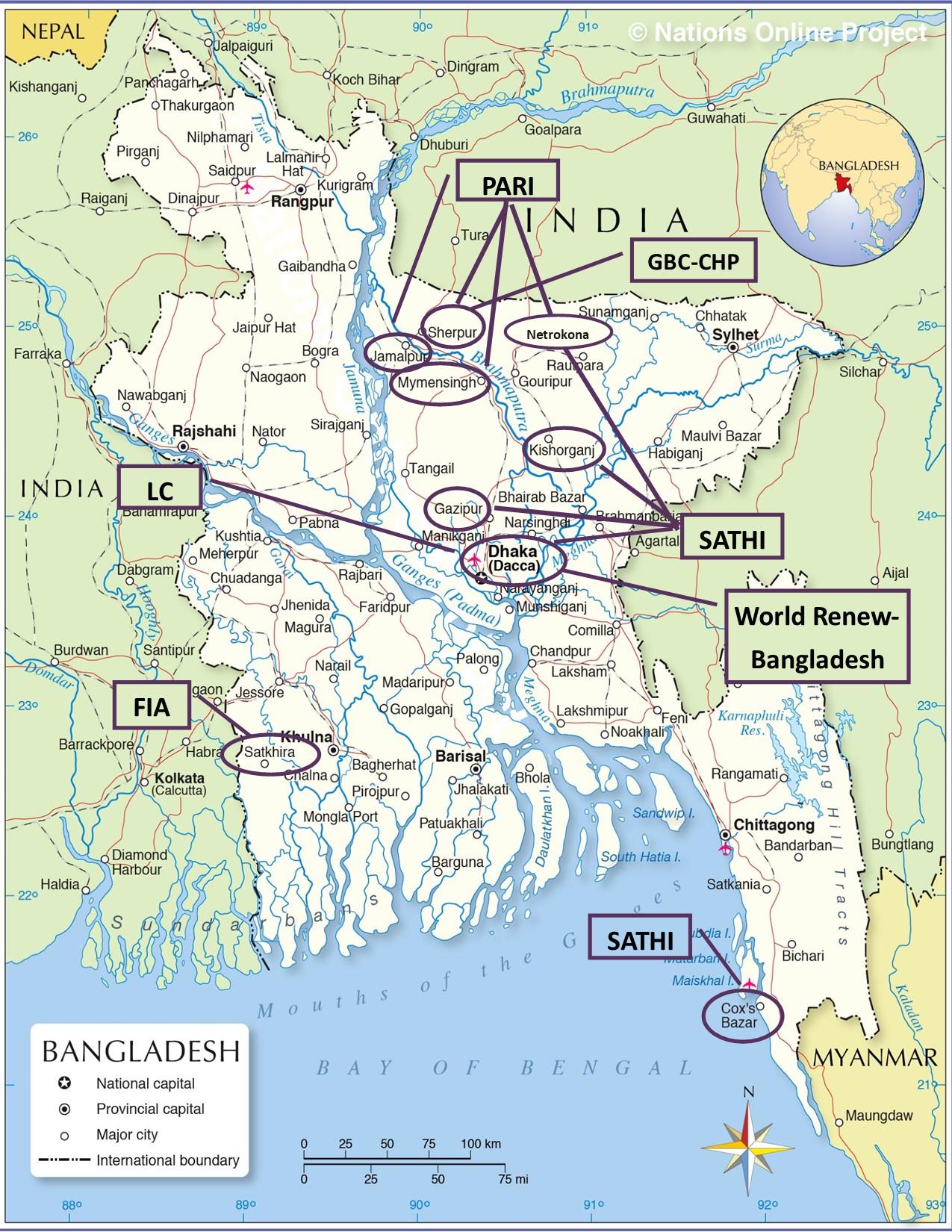 Map of World Renew's partners in Bangladesh.
