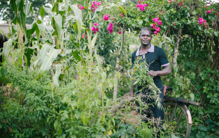 A farmer holds flowers in his field